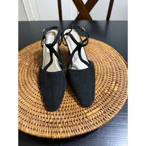 Studio Roma Black Suede Slingback‎ Pumps T-Strap Block Heel Brazil Size 6.5 36